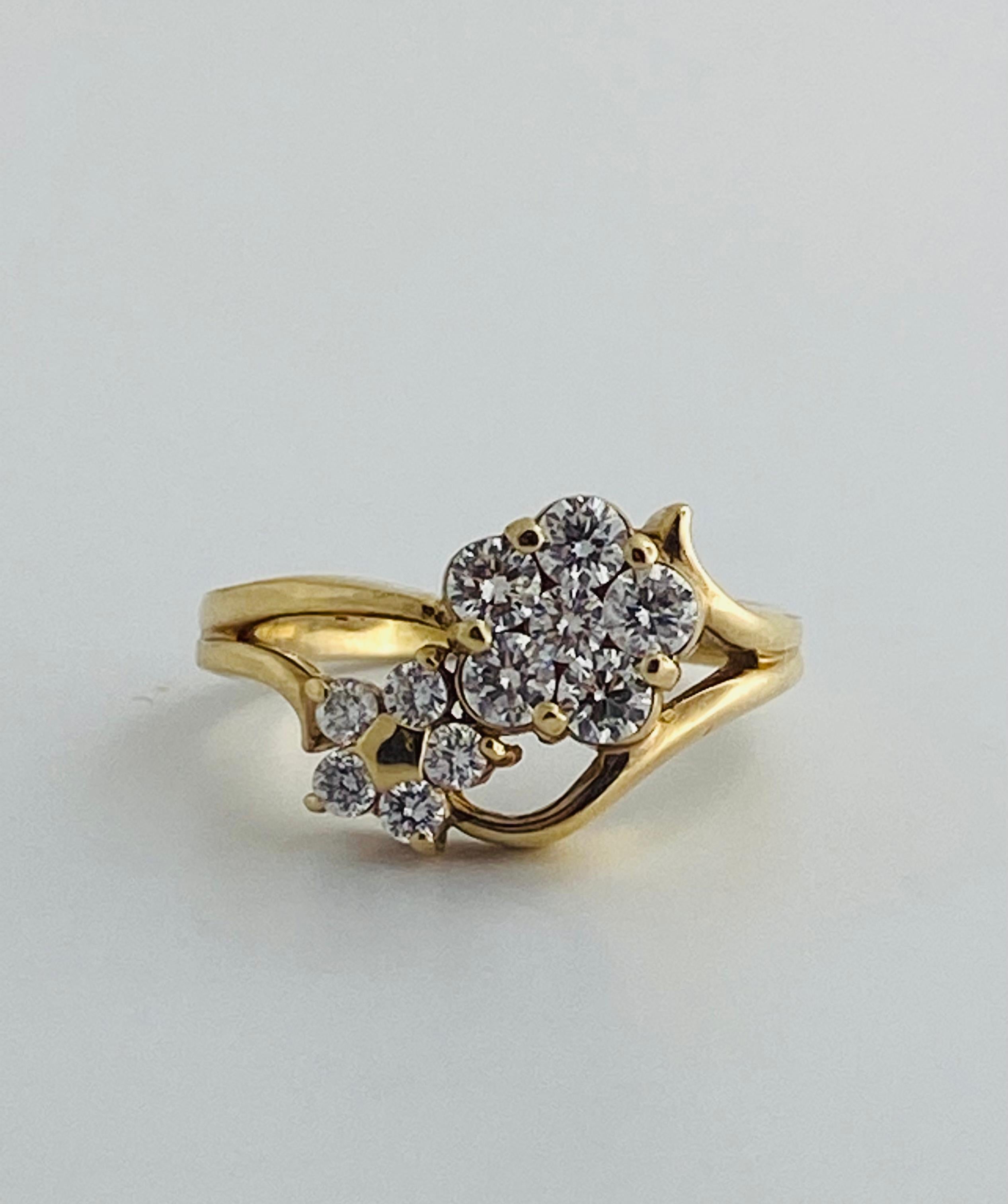 1.35 Carat Diamond Double Flower 18 Karat Yellow Gold Cluster Ring 1
