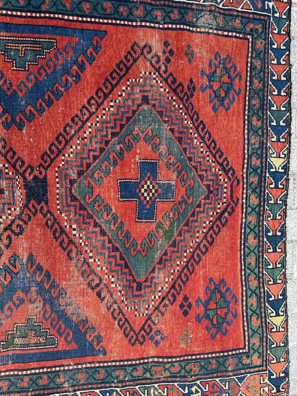 Bonita alfombra kazaka caucásica del siglo XIX Anudado a mano en venta