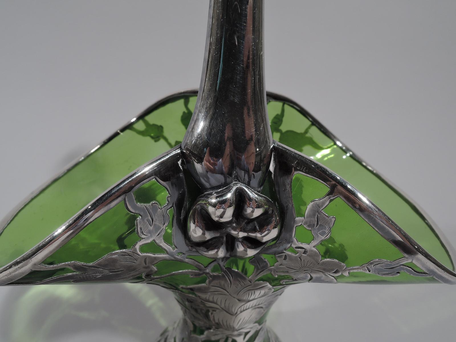 Pretty American Art Nouveau Green Glass Silver Overlay Basket In Excellent Condition In New York, NY
