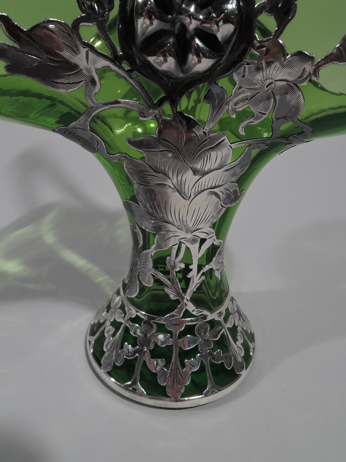 20th Century Pretty American Art Nouveau Green Glass Silver Overlay Basket