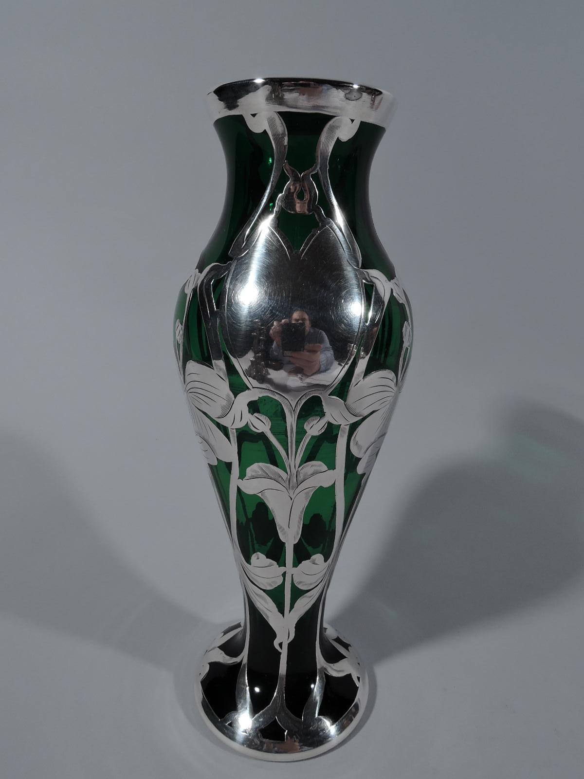 Pretty American Art Nouveau Green Glass and Silver Overlay Vase In Excellent Condition In New York, NY