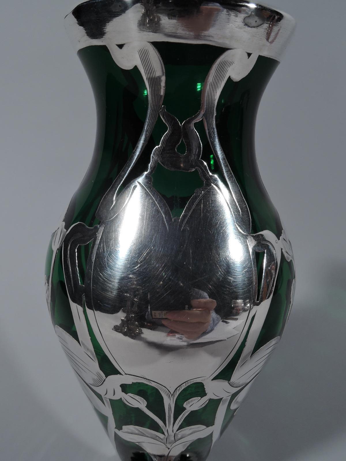 20th Century Pretty American Art Nouveau Green Glass and Silver Overlay Vase