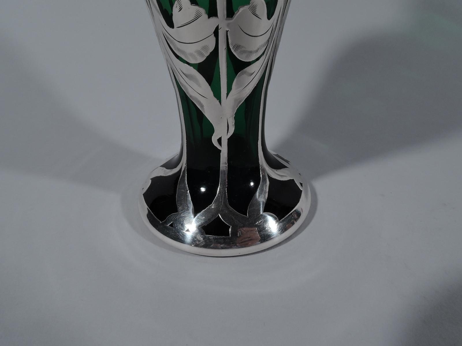 Pretty American Art Nouveau Green Glass and Silver Overlay Vase 1
