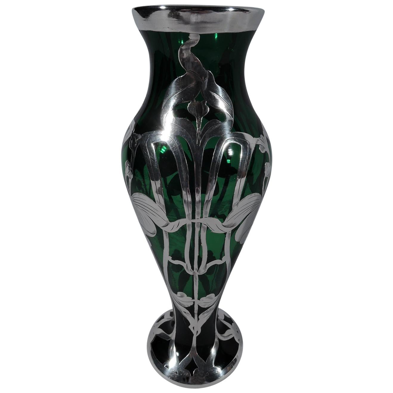 Pretty American Art Nouveau Green Glass and Silver Overlay Vase