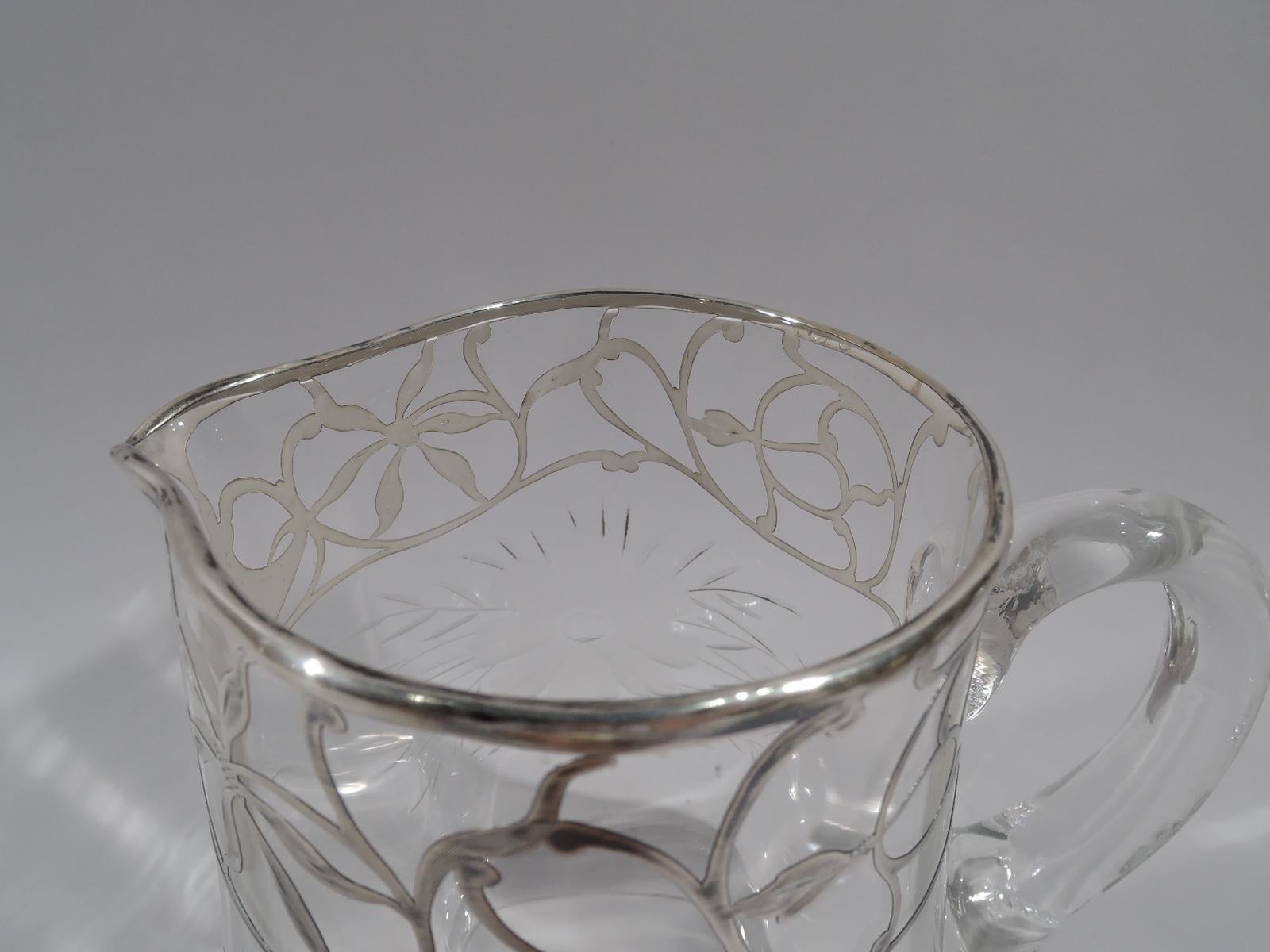 Etched Pretty American Edwardian Art Nouveau Silver Overlay Water Pitcher
