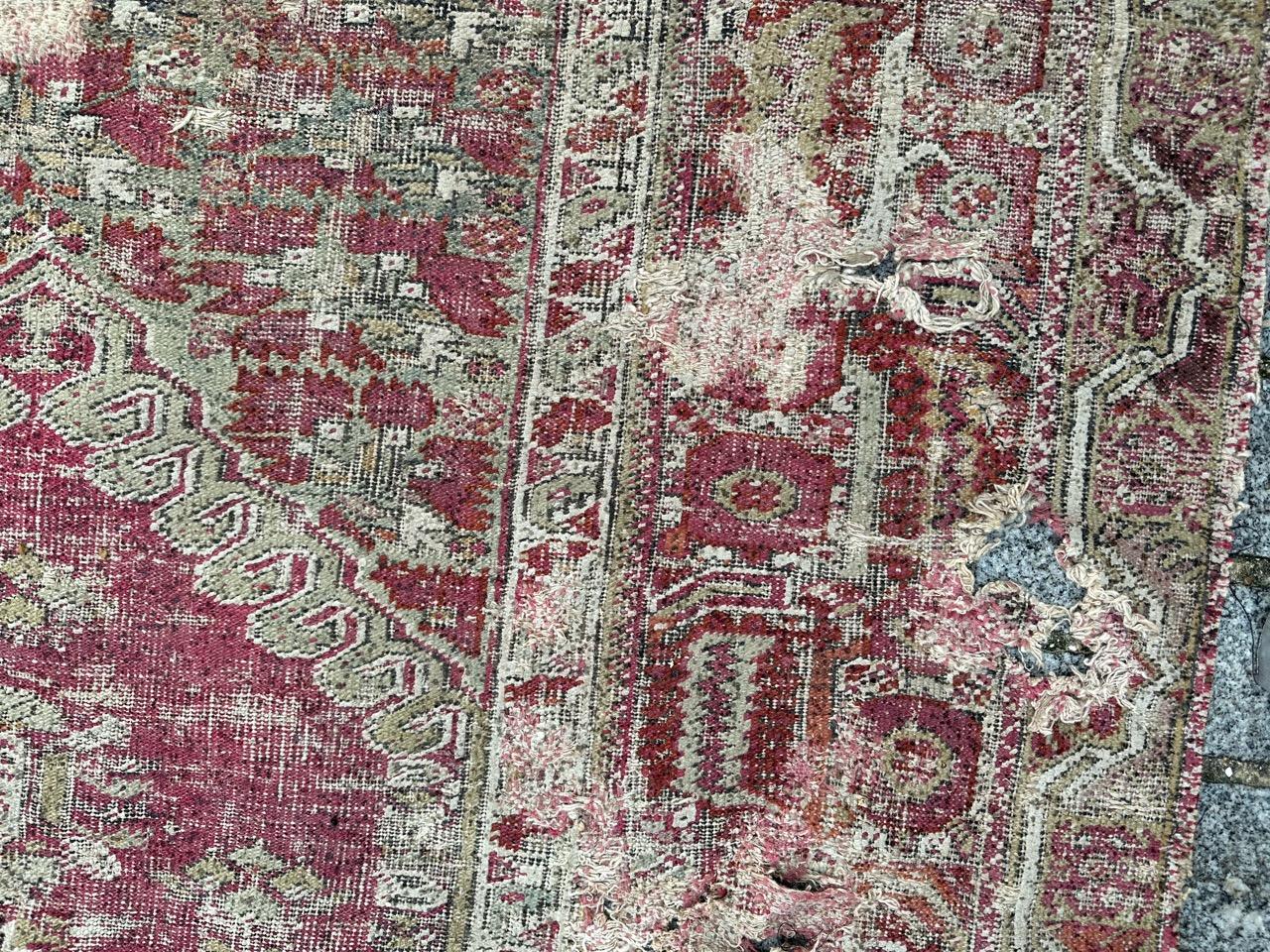 Hand-Knotted Bobyrug’s Pretty Antique 18th century distressed Turkish Ghyordes rug For Sale