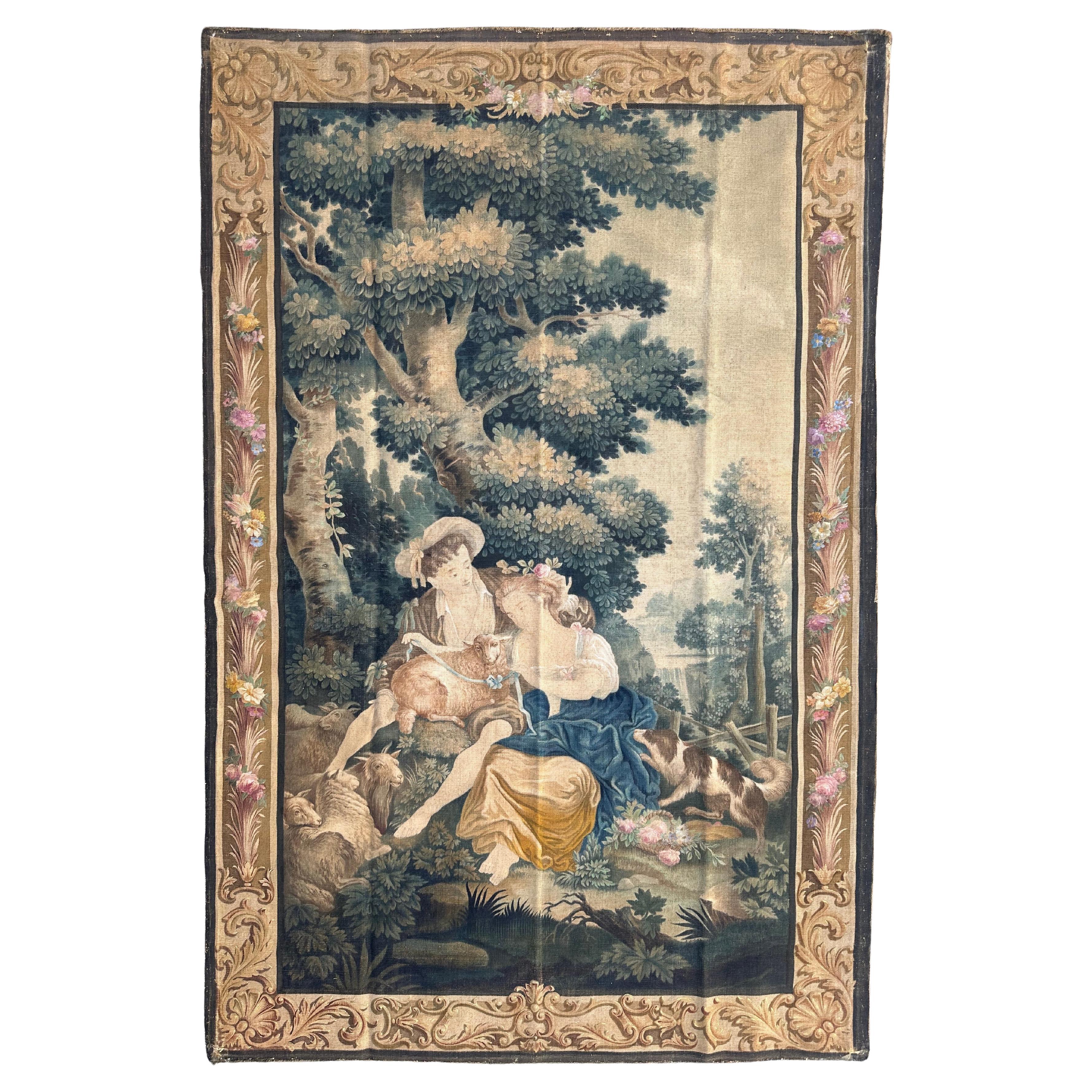 Grazioso pannello antico di arazzo dipinto a mano in cartone Aubusson in vendita