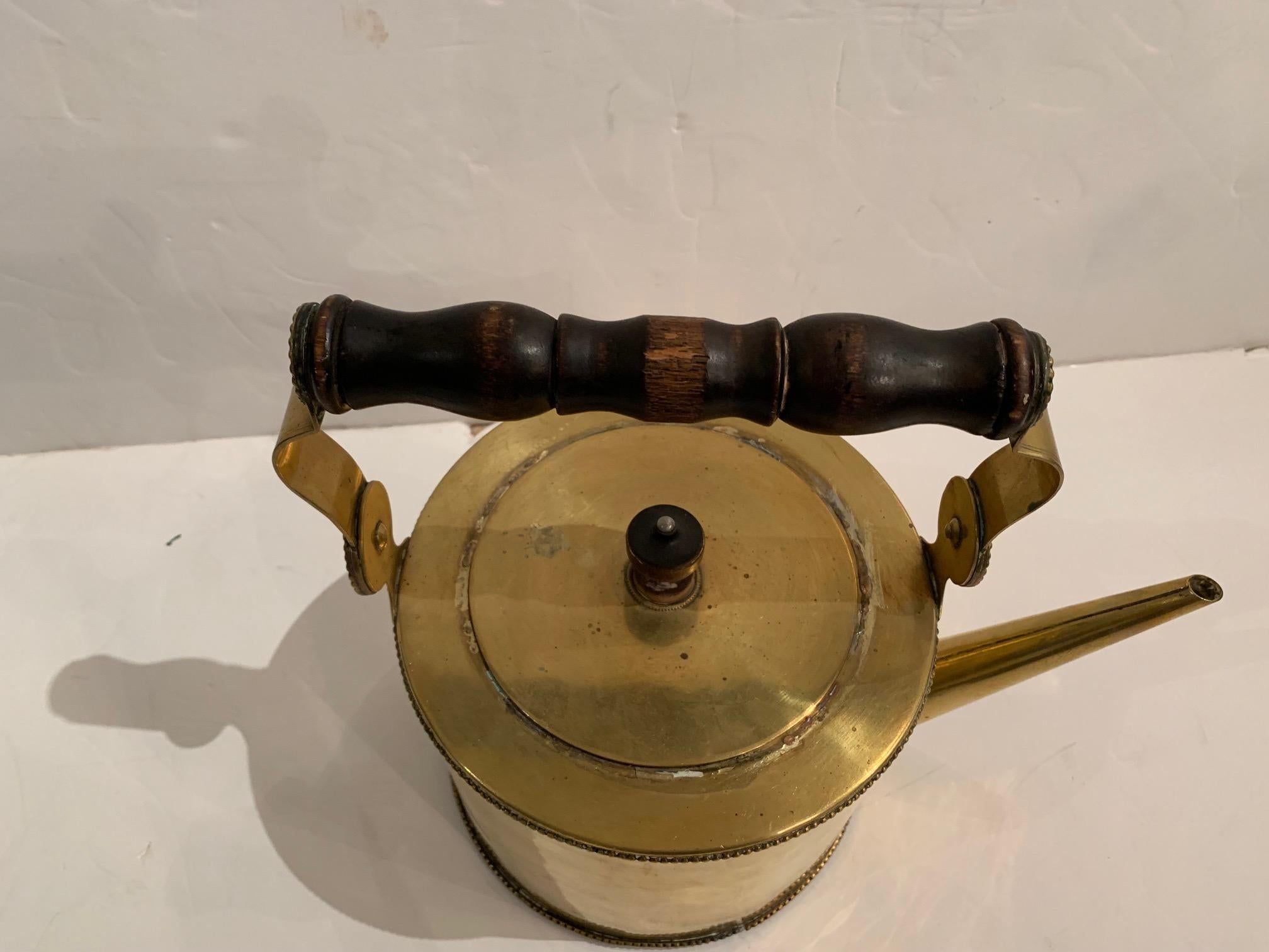 Very pretty brass antique tea kettle having beaded decoration around the periphery, elegant narrow straight spout, and big carved wood handle.