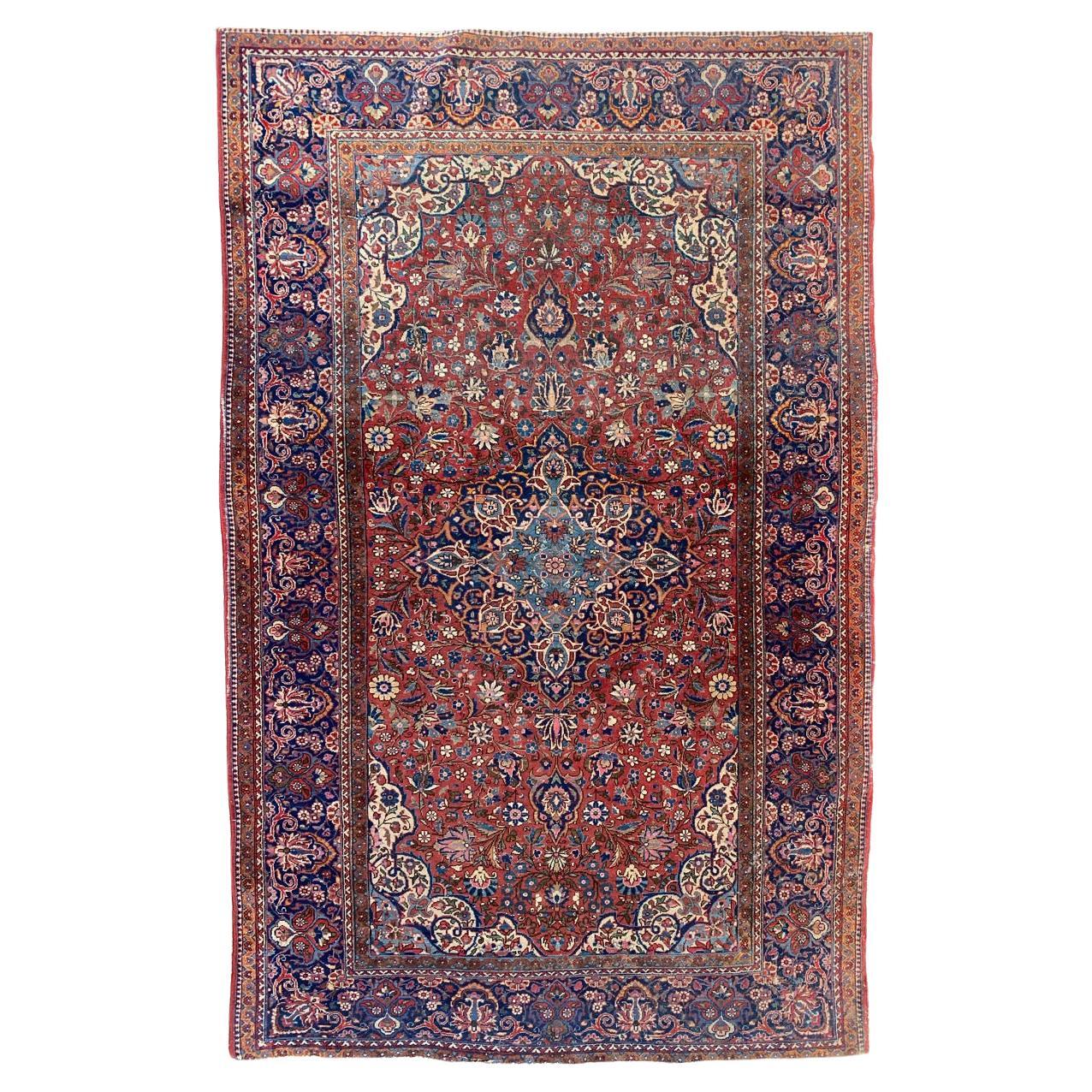 Bobyrug’s Pretty Antique Fine Kashan Rug For Sale