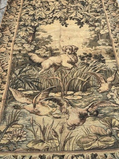 Pretty antique French Aubusson Style Jacquard Tapestry panel "dog and birds"