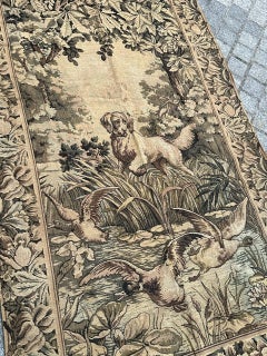Pretty antique French Aubusson Style Jacquard Tapestry panel "dog and birds"