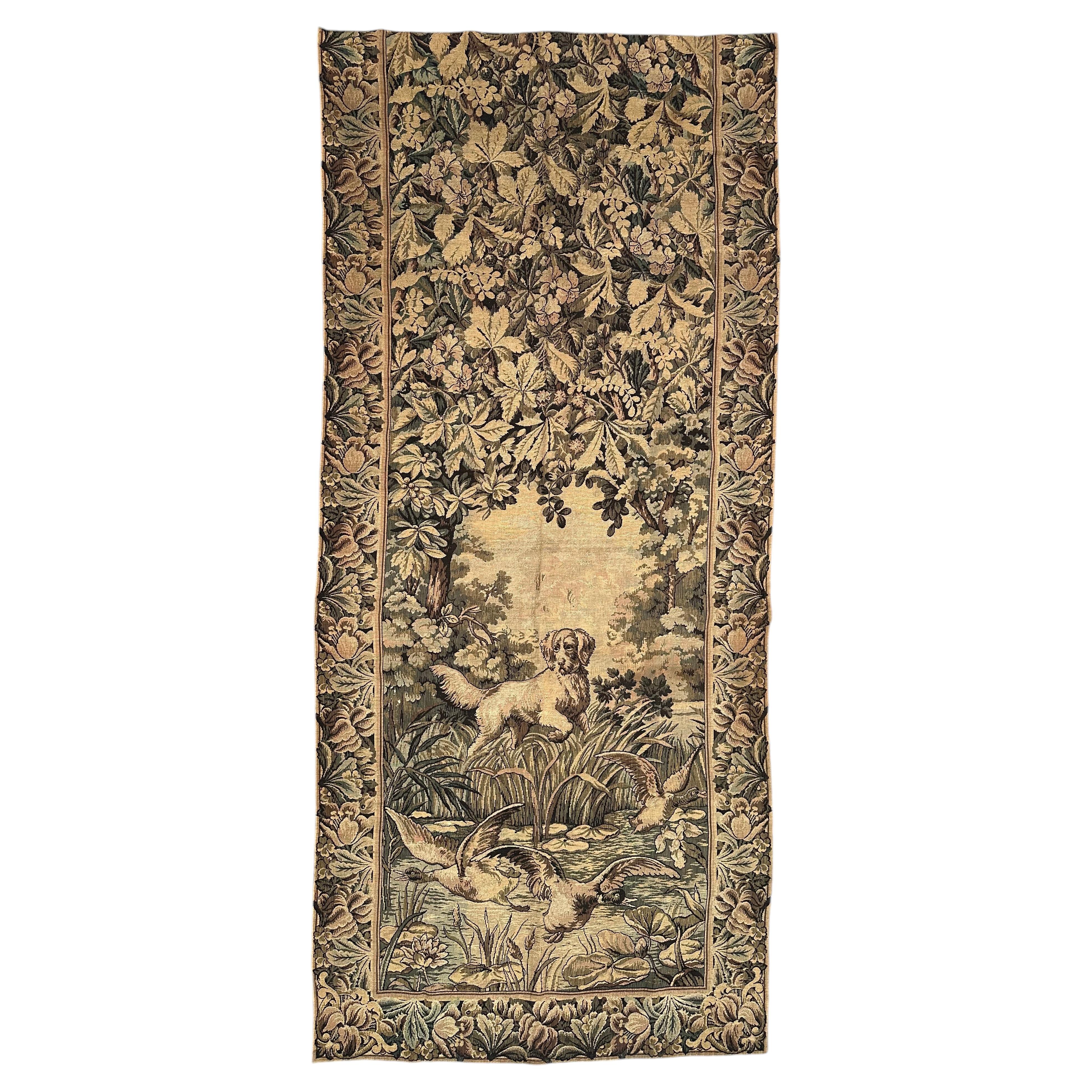 Pretty antique French Aubusson Style Jacquard Tapestry panel "dog and birds" For Sale