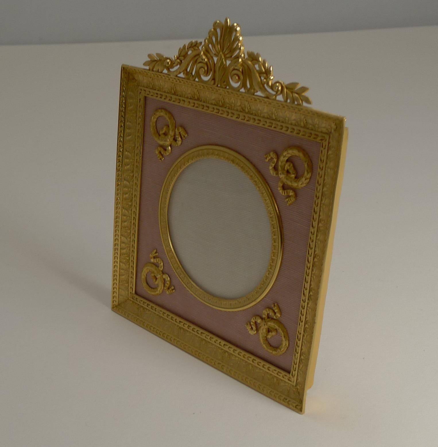 Gilt Pretty Antique French Gilded Bronze Picture Frame, Pink Taffeta