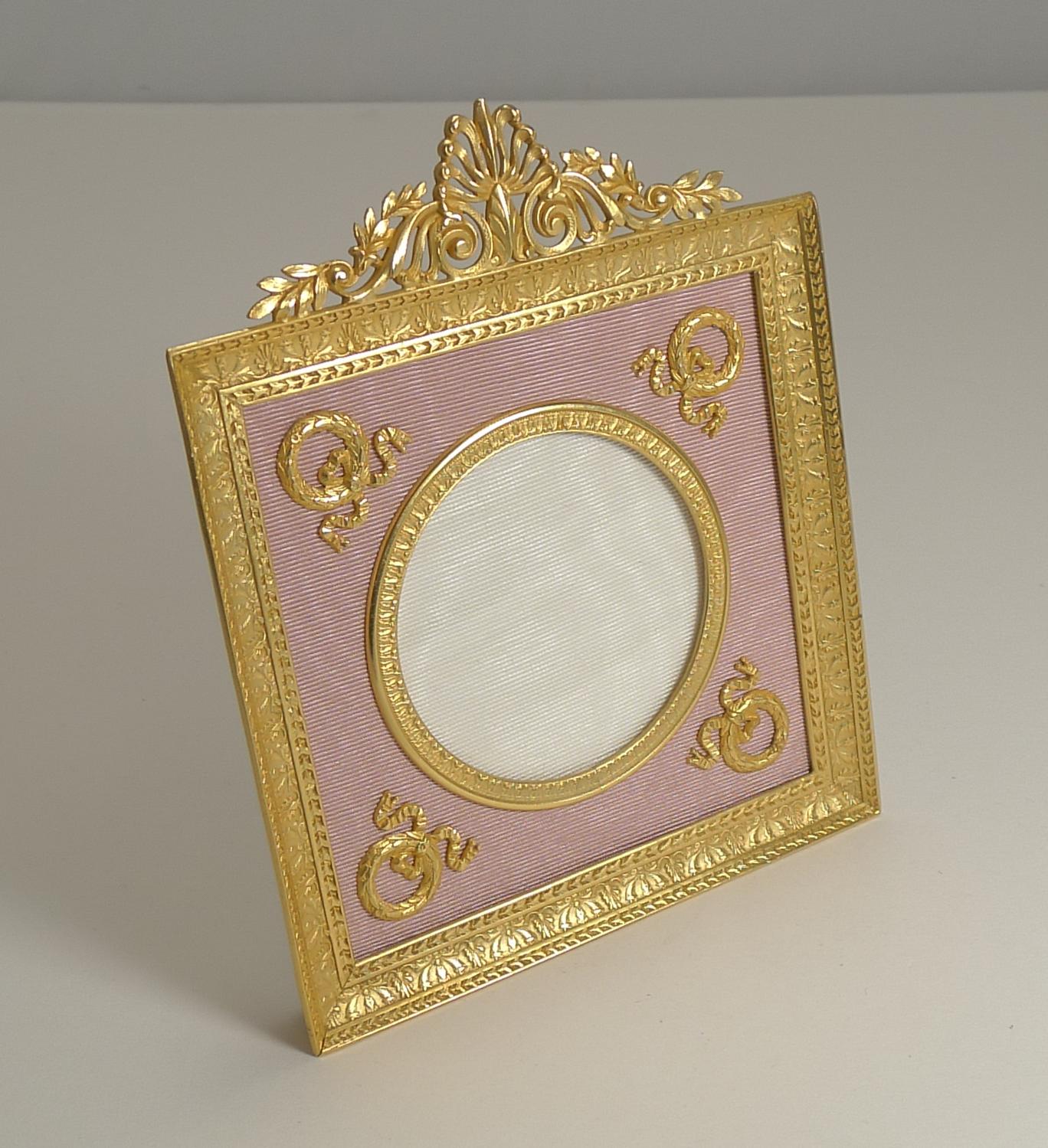 Pretty Antique French Gilded Bronze Picture Frame, Pink Taffeta 1