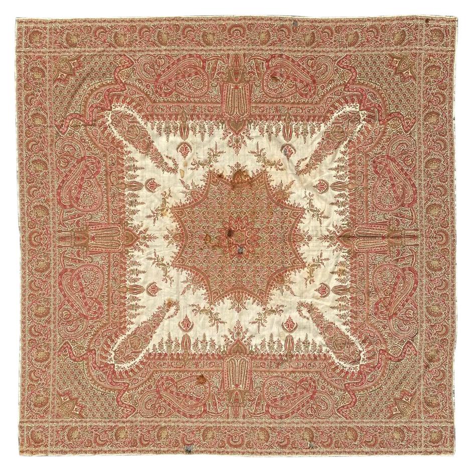 Pretty Antique French Kashmir Square Shawl For Sale