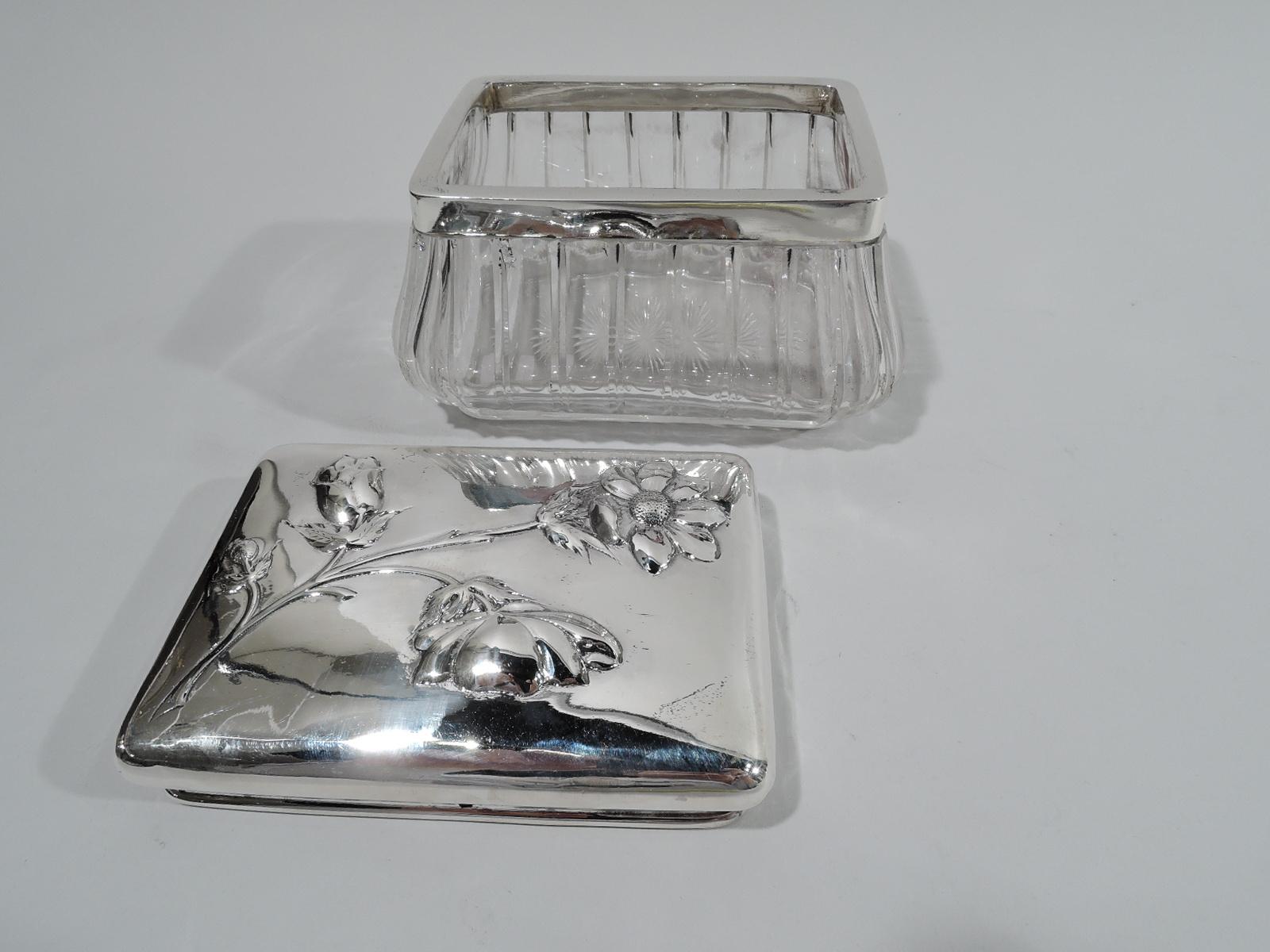 Art Nouveau Pretty Antique French Silver and Glass Rectangular Vanity Jar