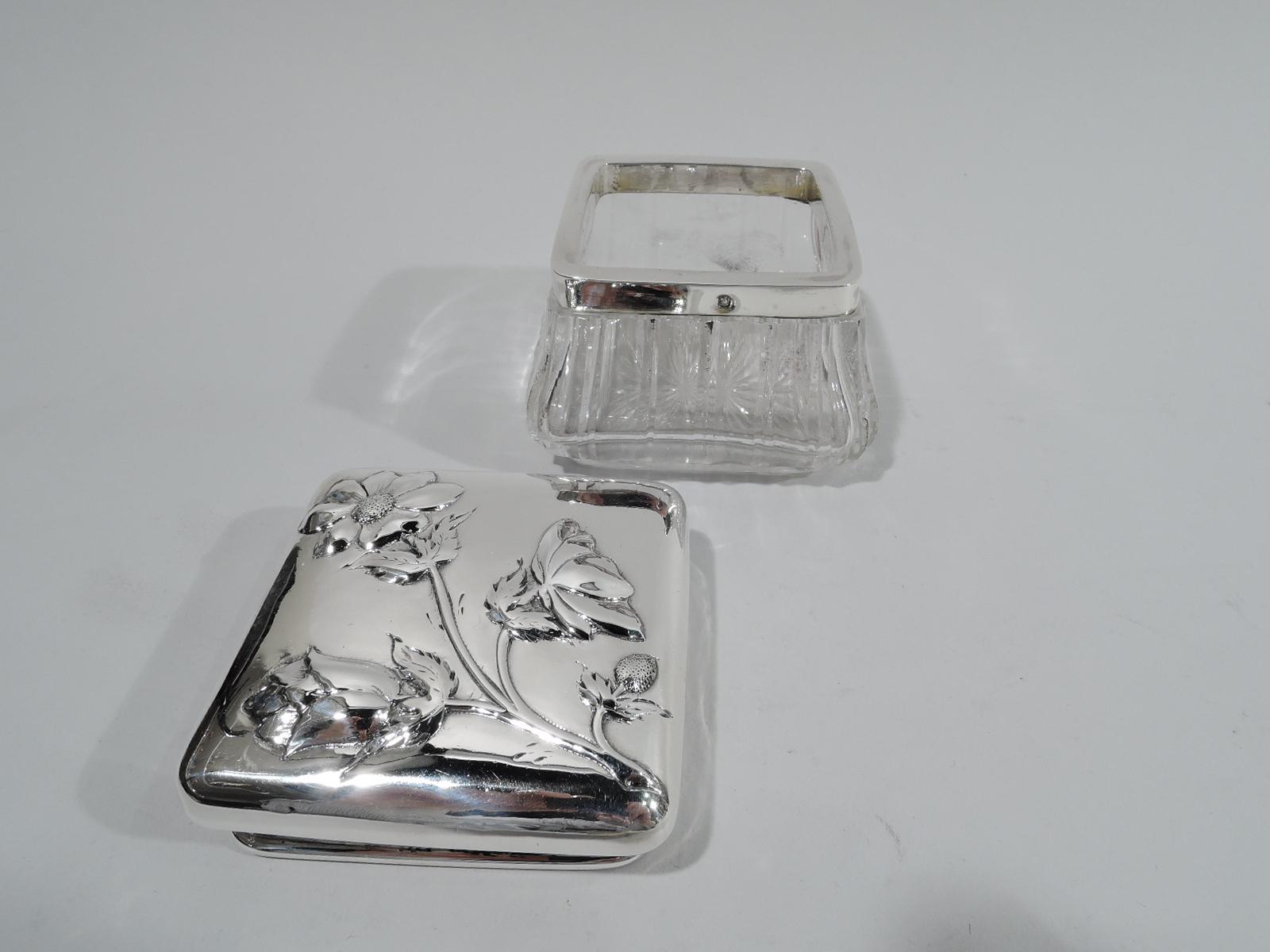 Art Nouveau Pretty Antique French Silver and Glass Square Vanity Jar