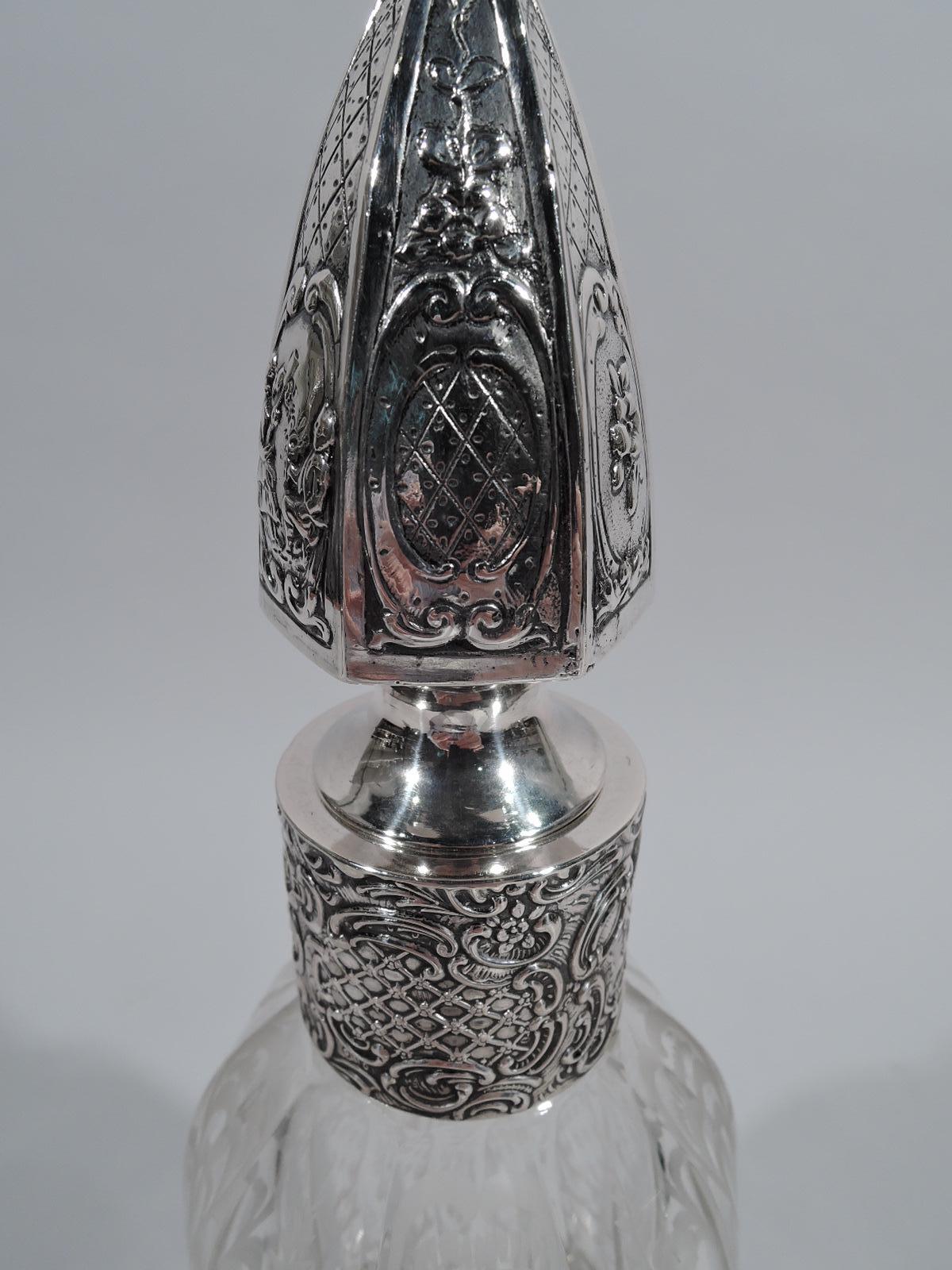 Art Nouveau Pretty Antique German Silver and Crystal Decanter For Sale