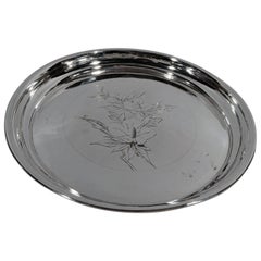 Pretty Antique Japanese Silver Tray with Flowers
