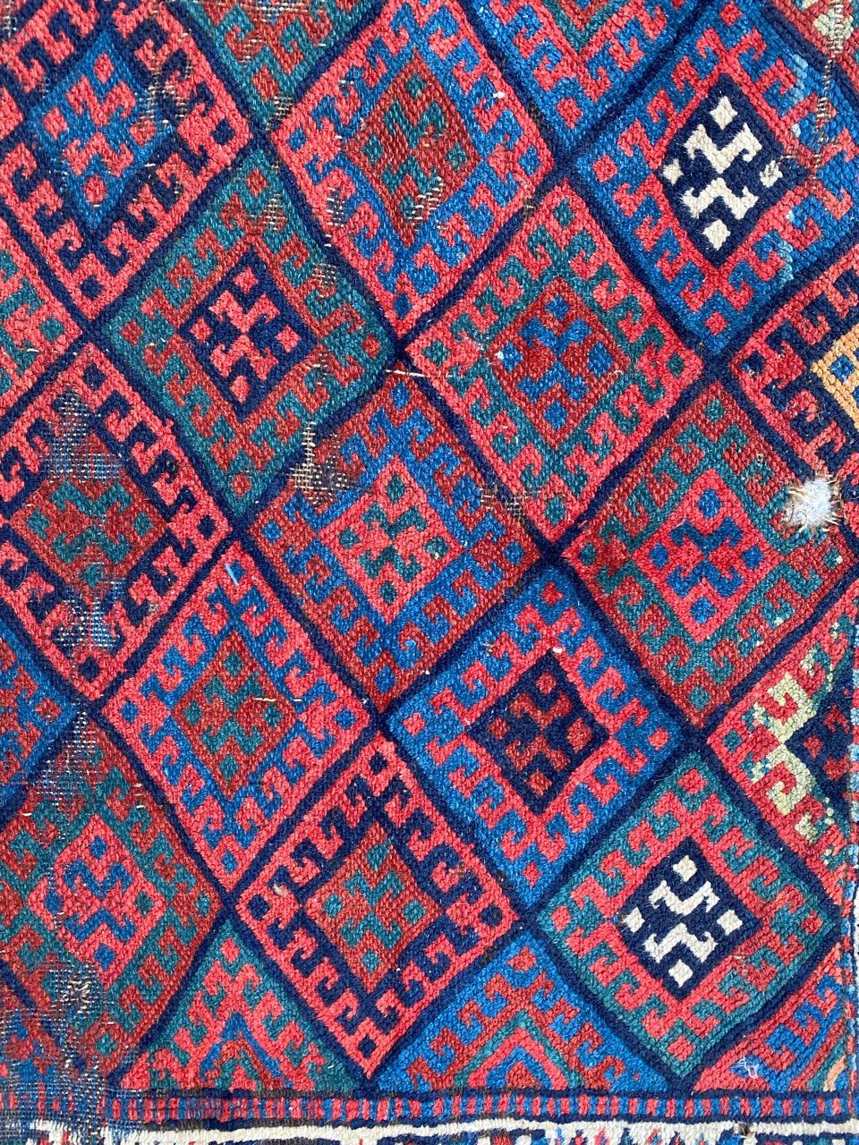 Very beautiful late 19th century tribal rug with beautiful geometrical design and nice natural colors, entirely hand knotted with wool velvet on wool foundation.