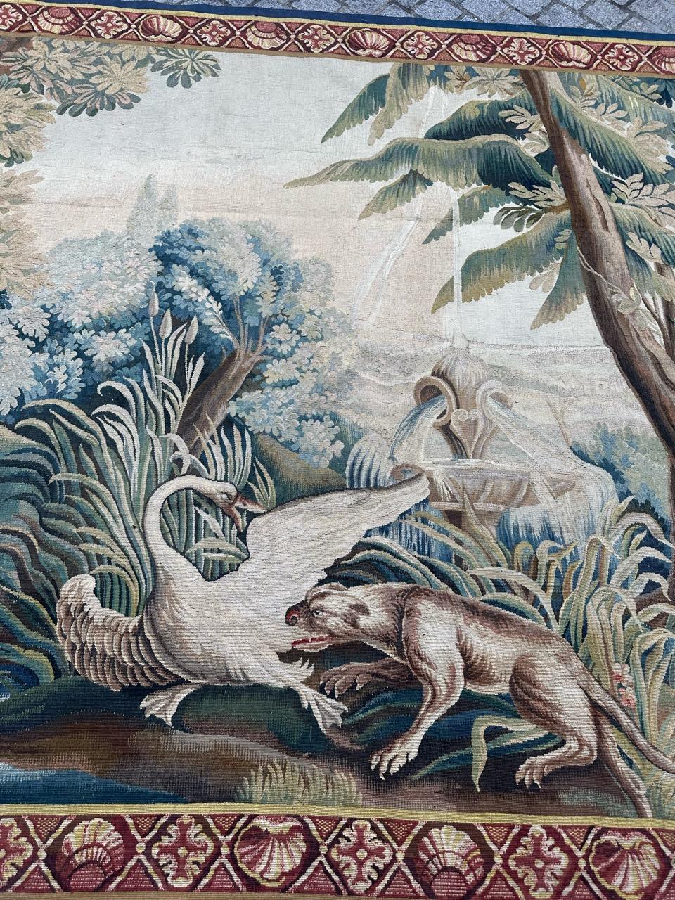 Français Jolie tapisserie ancienne d'Aubusson tissée à la main 