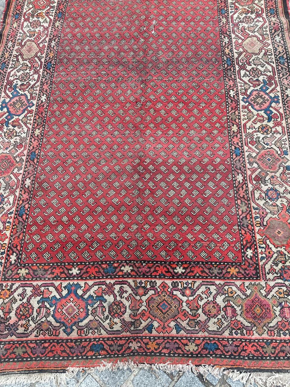 Bel runner Malayer di grandi dimensioni della fine del XIX secolo con un bel disegno stilizzato con piccole Botteh su un campo rosso e belle palmette e arabeschi nel bordo e bei colori con rosso, blu, rosa, arancione e grigio, interamente annodato a
