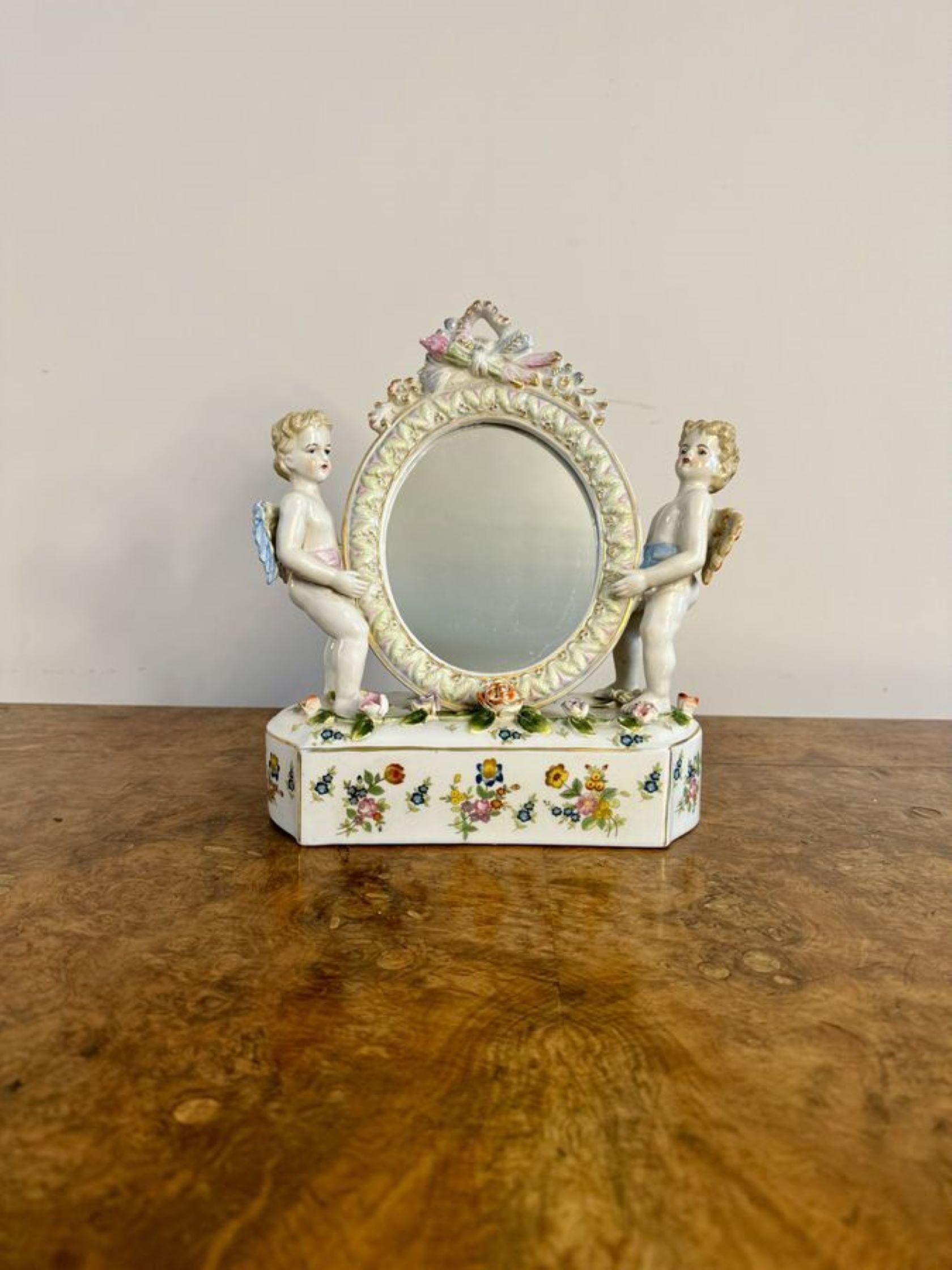 Pretty antique porcelain dressing table mirror In Good Condition For Sale In Ipswich, GB