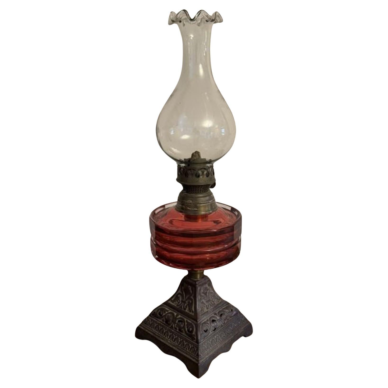 Pretty antique Victorian cranberry glass oil lamp