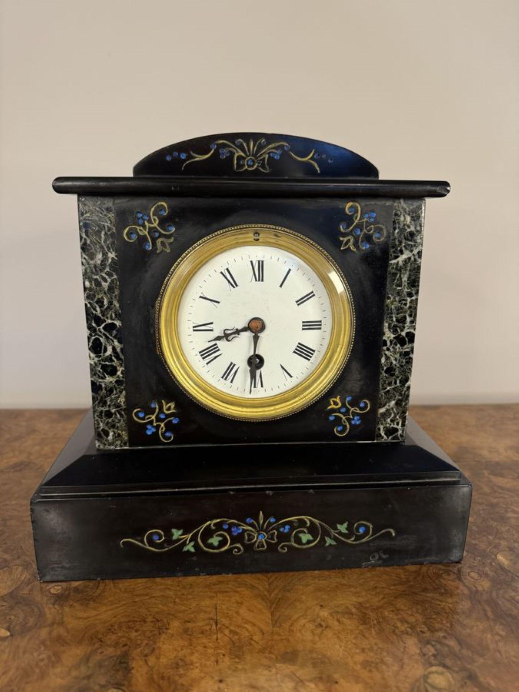 Pretty antique Victorian marble mantle clock, having a quality antique Victorian marble mantle clock with pretty blue, green and gold decoration surrounding the brass bezel and porcelain face with Roman numerals, with a dome shaped top standing on a