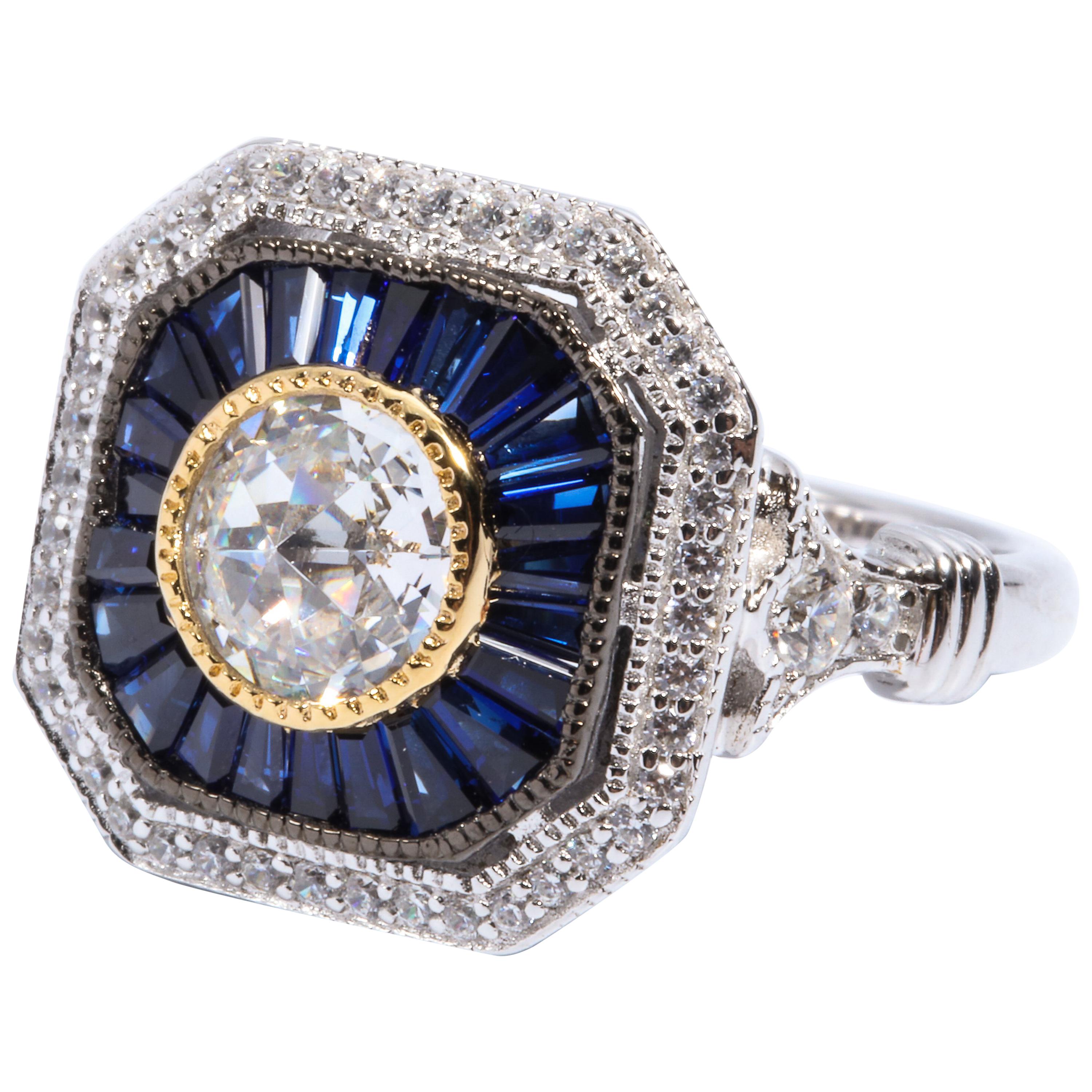Details about   Lovely Art Deco Style Ring w/ Sapphires Diamonds Sterling Silver 