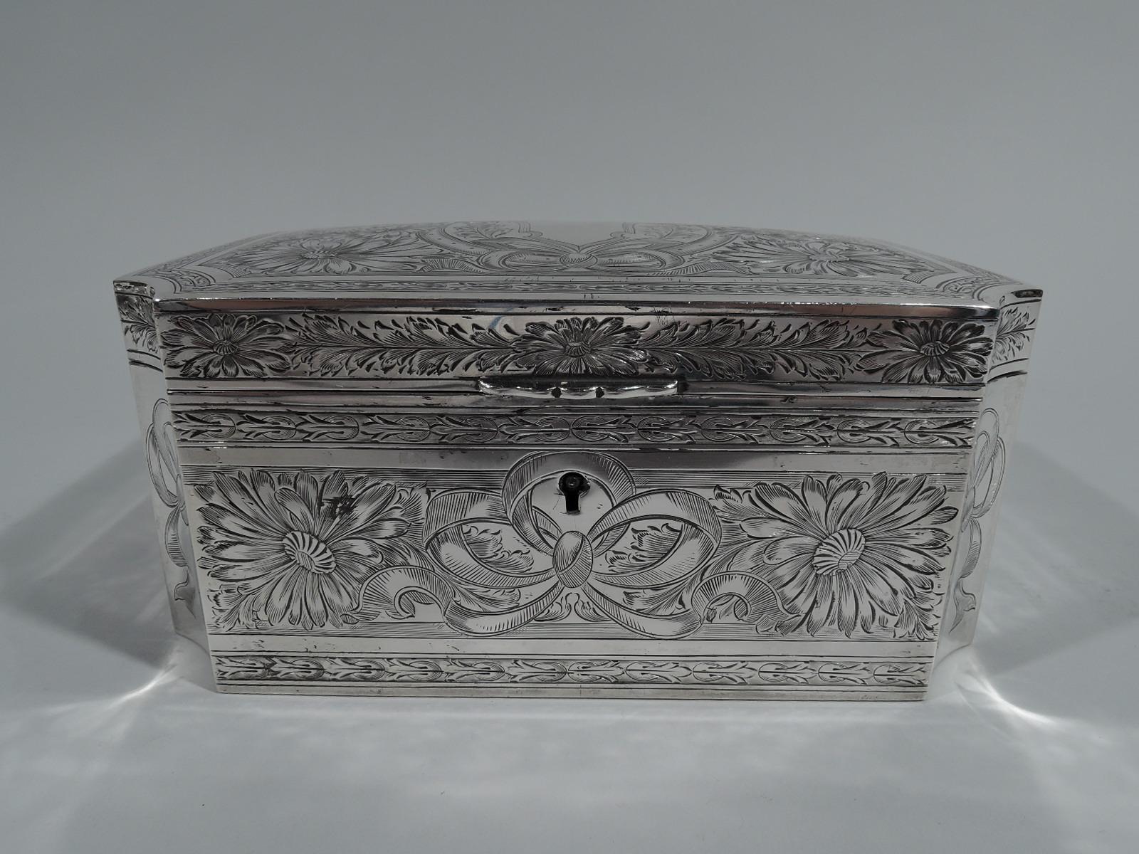 Pretty Art Nouveau sterling silver jewelry box. Made by Gorham in Providence in 1911. Rectangular with straight sides and concave corners. Cover hinged and gently curved. Dense and bold ornament in form of flowers, leaves, and bows engraved on sides