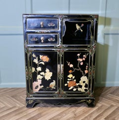 Pretty Black Chinoiserie Cupboard Decorated with Birds and Flowers
