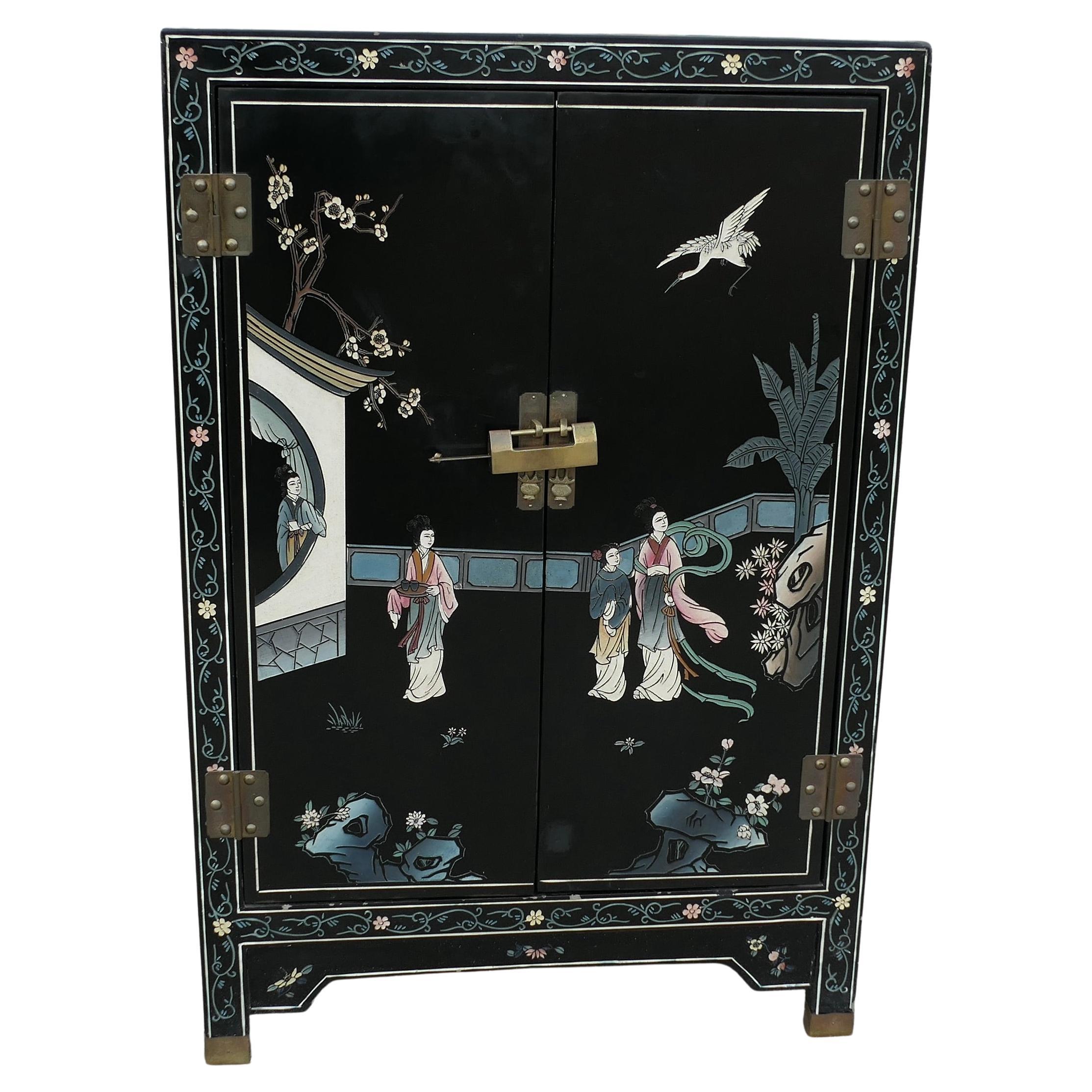 Pretty Chinoiserie Cupboard Decorated with Birds and Flowers n For Sale