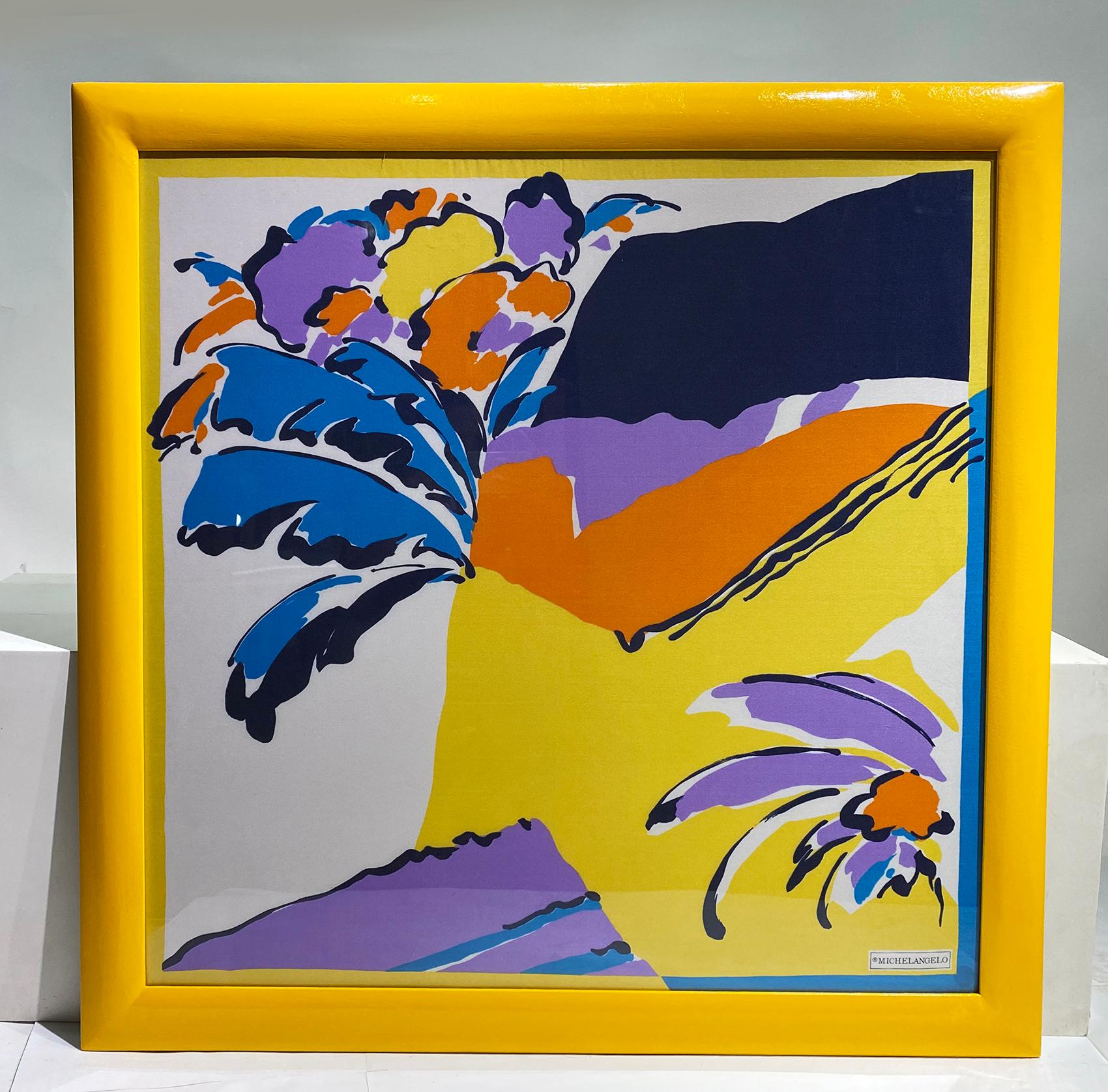 Large colorful scarf, with vivid colors 
Having the signature of the artist Michelangelo on the bottom left corner with a beautiful yellow frame.
Covered with plexiglass on the front with the scarf stretched on white Masonite wood.
