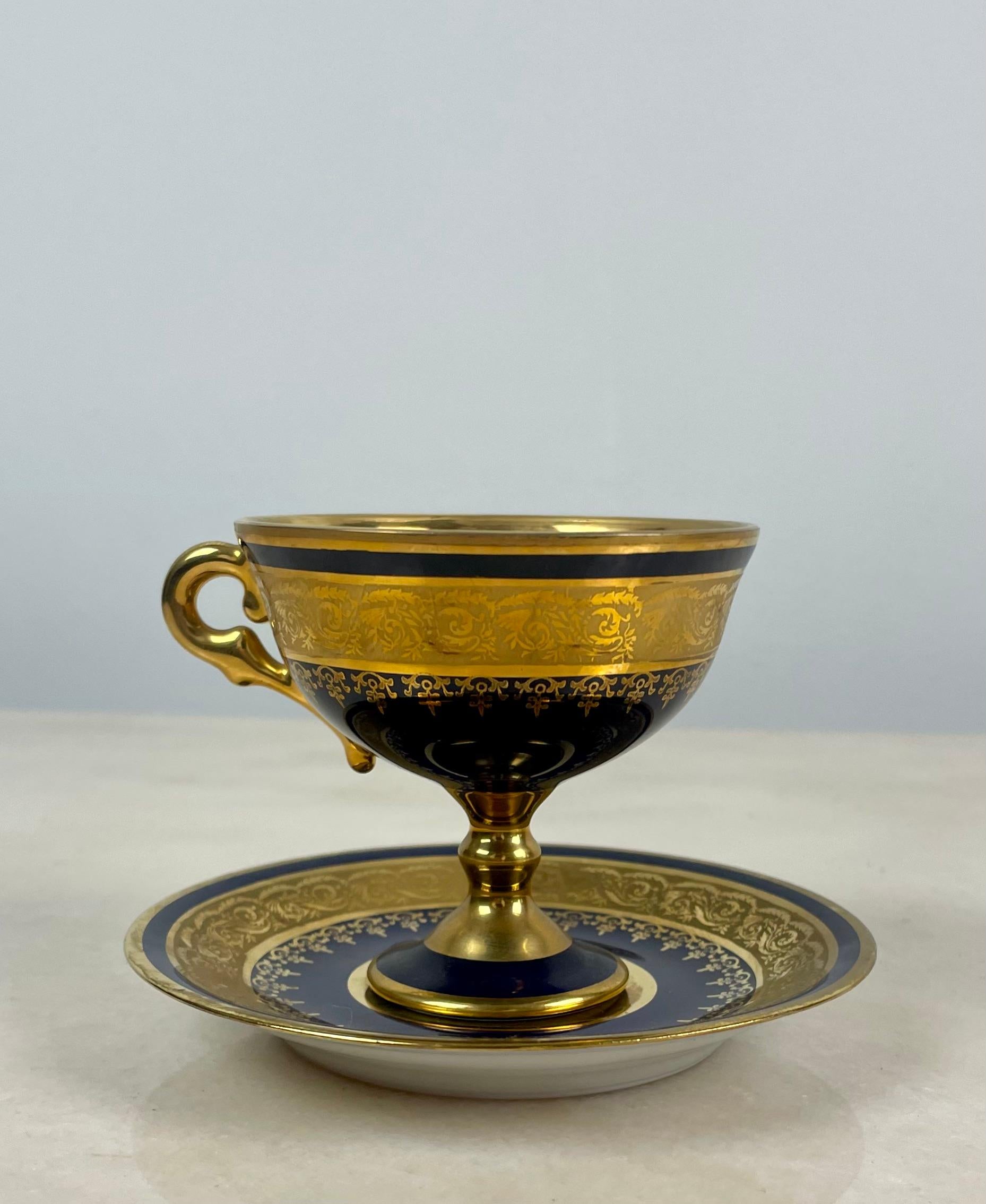 French Pretty Cup and Saucer in Cobalt Blue and Gold Limoges Porcelain, circa 1950