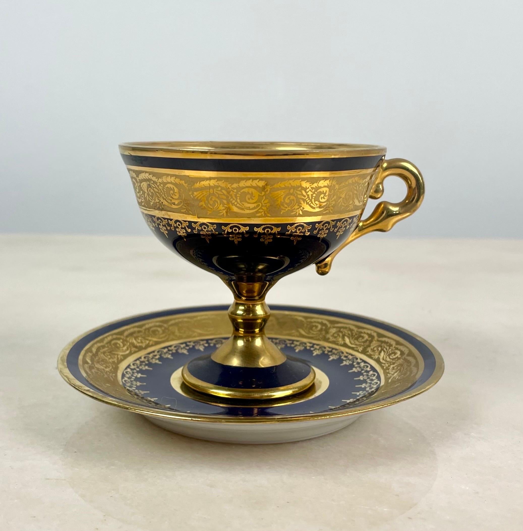 Pretty Cup and Saucer in Cobalt Blue and Gold Limoges Porcelain, circa 1950 In Good Condition In Beuzevillette, FR