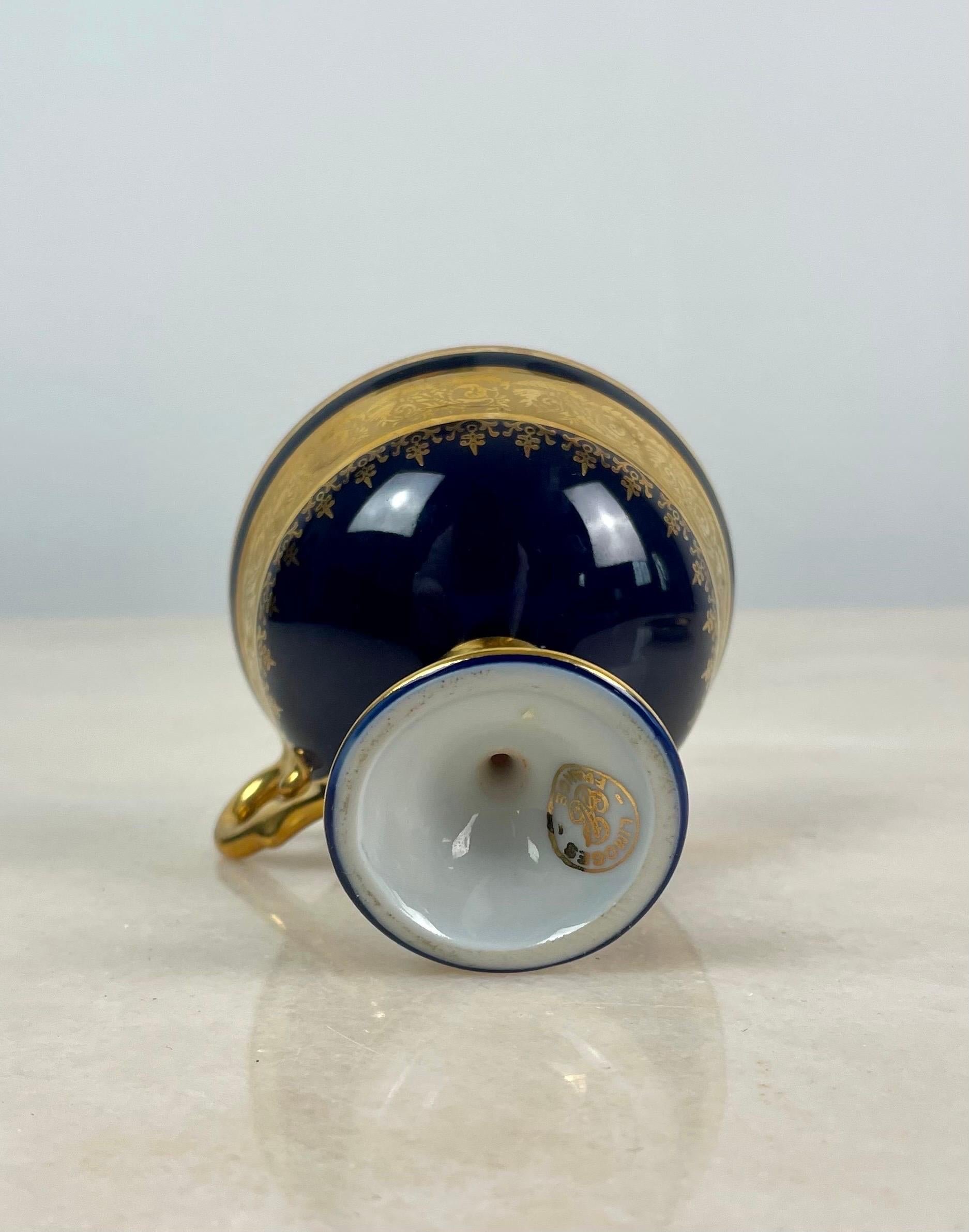 Pretty Cup and Saucer in Cobalt Blue and Gold Limoges Porcelain, circa 1950 2