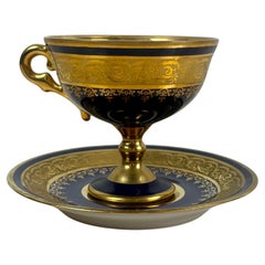 Pretty Cup and Saucer in Cobalt Blue and Gold Limoges Porcelain, circa 1950