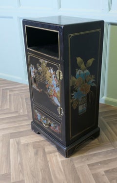 Chinoiserie Bedside Cupboard, Black Lacquer, Colorful Design, 1960