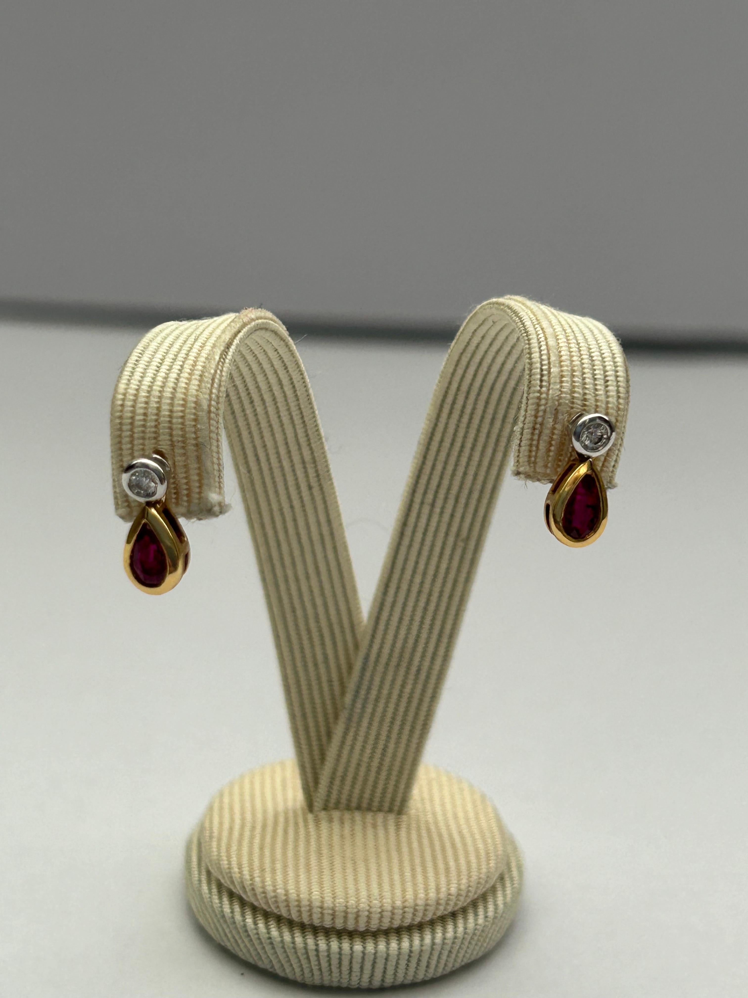 Women's or Men's Pretty Diamond (est 0.08ct)  & Ruby (est .49ct) Drop Earrings. For Sale