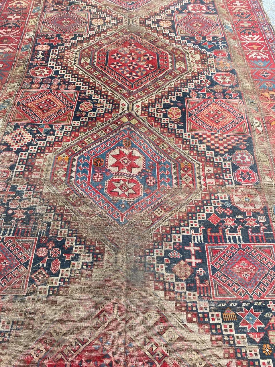 Hand-Knotted Bobyrug’s Pretty Distressed Antique Shirwan Daghistan Rug For Sale