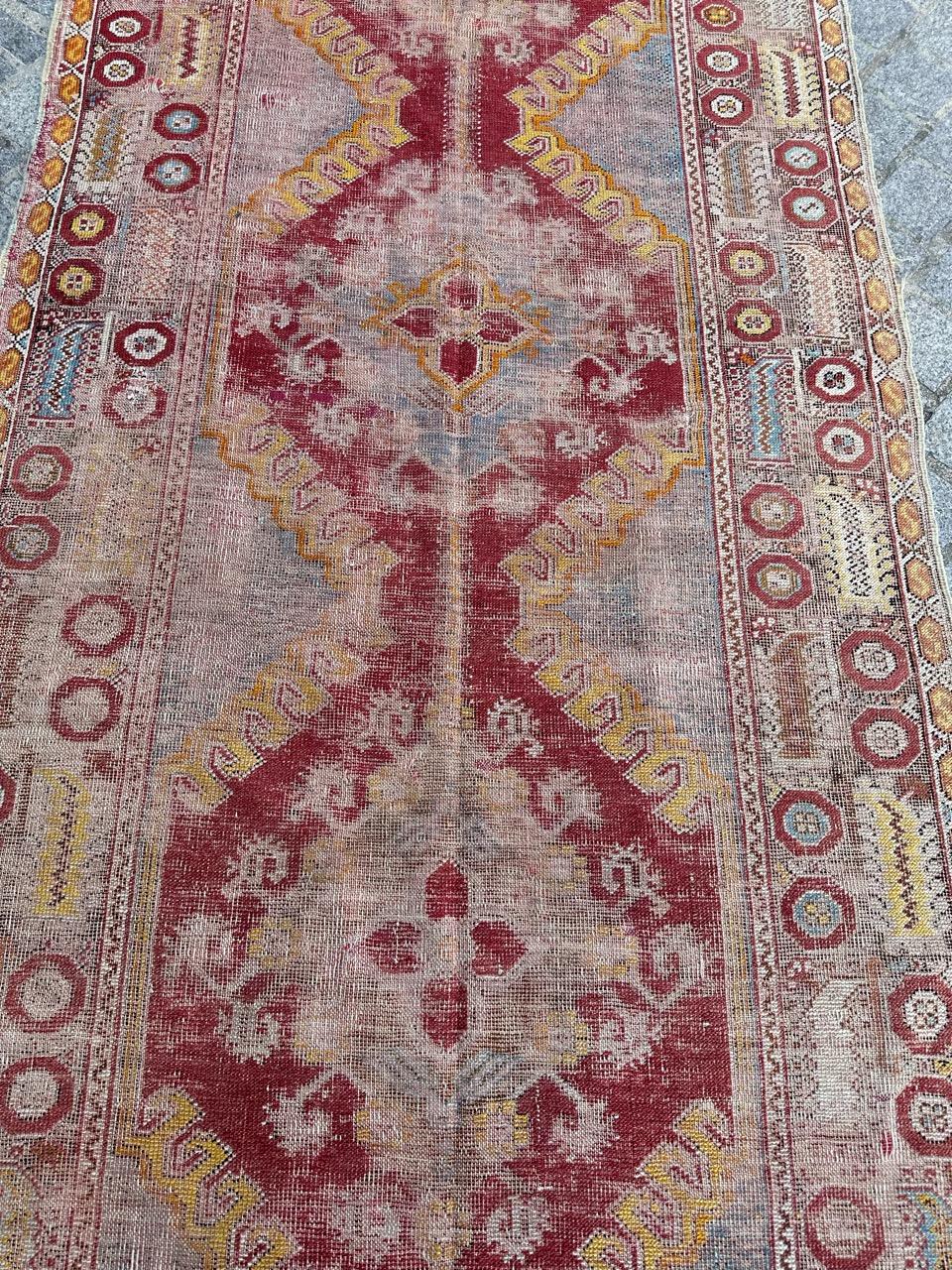 Hand-Knotted Bobyrug’s Pretty distressed antique Turkish runner  For Sale