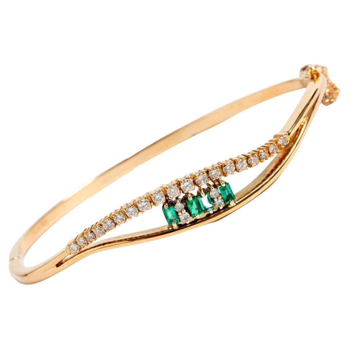 Pretty Emerald & Diamond Bangle, 9 Carat Yellow Gold, 13.29grms For Sale