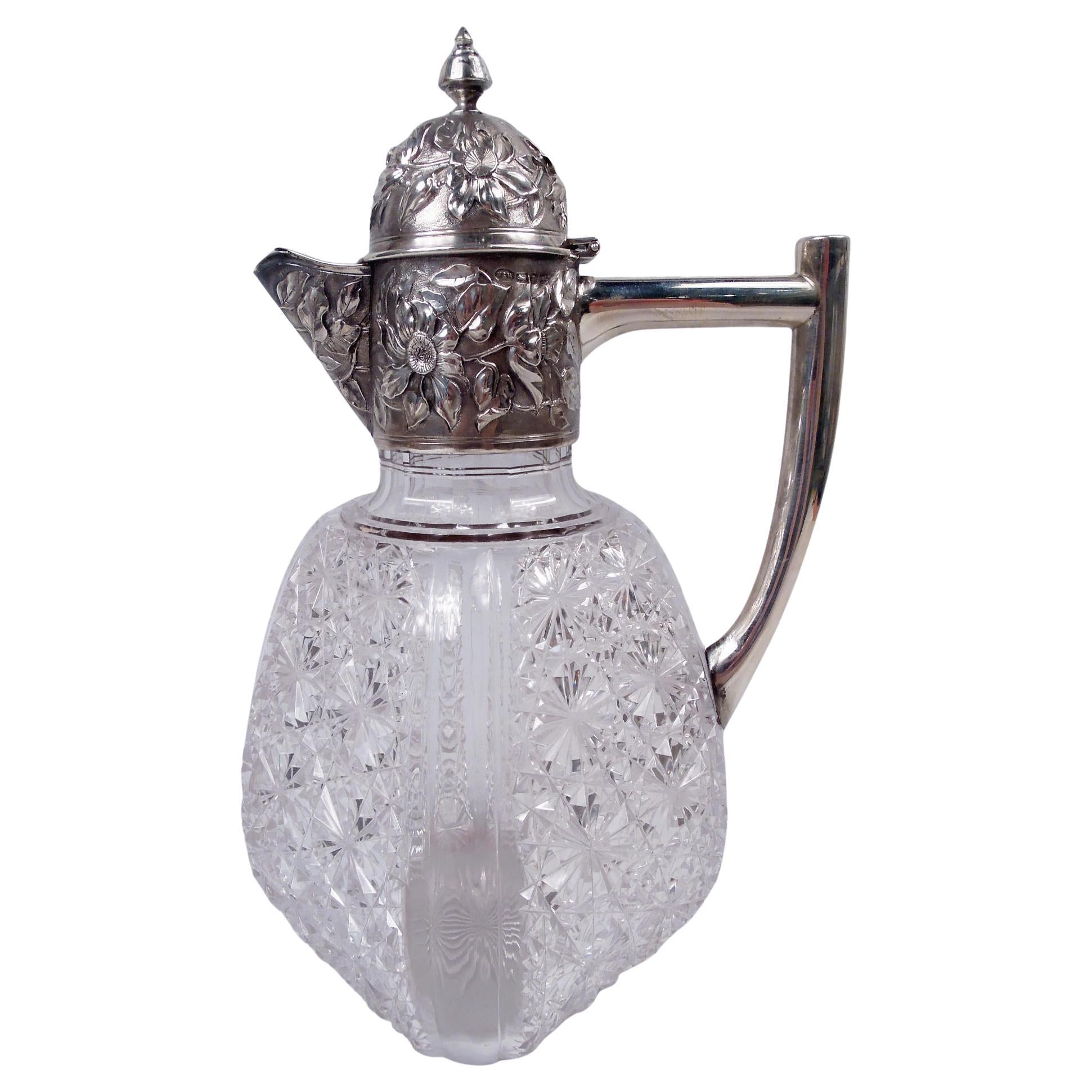 Jolie carafe victorienne anglaise en argent sterling et verre taillé, 1889