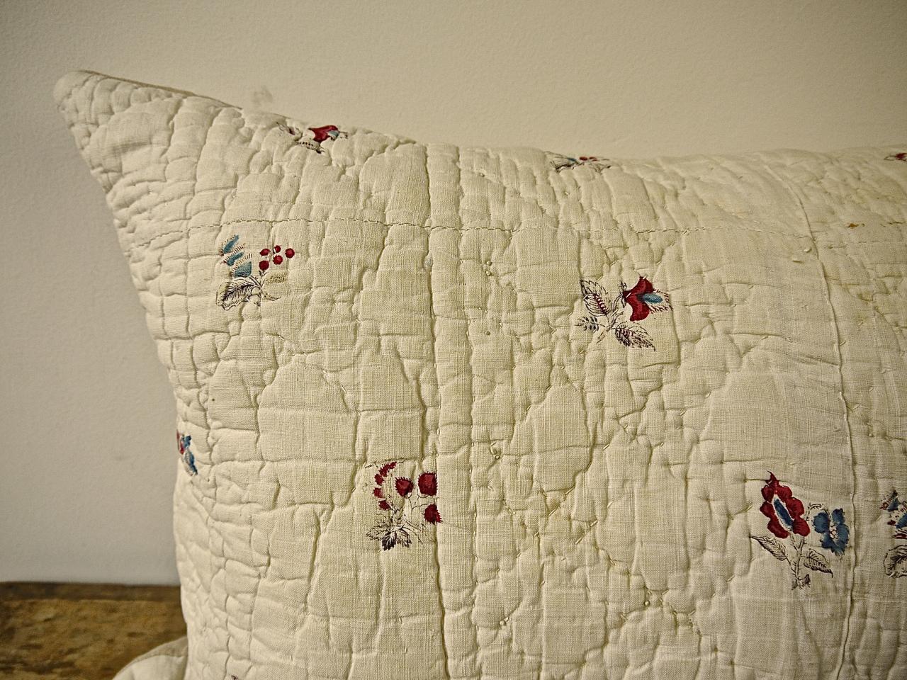 French Provincial Pretty Floral Block Printed Pillow French, 18th Century