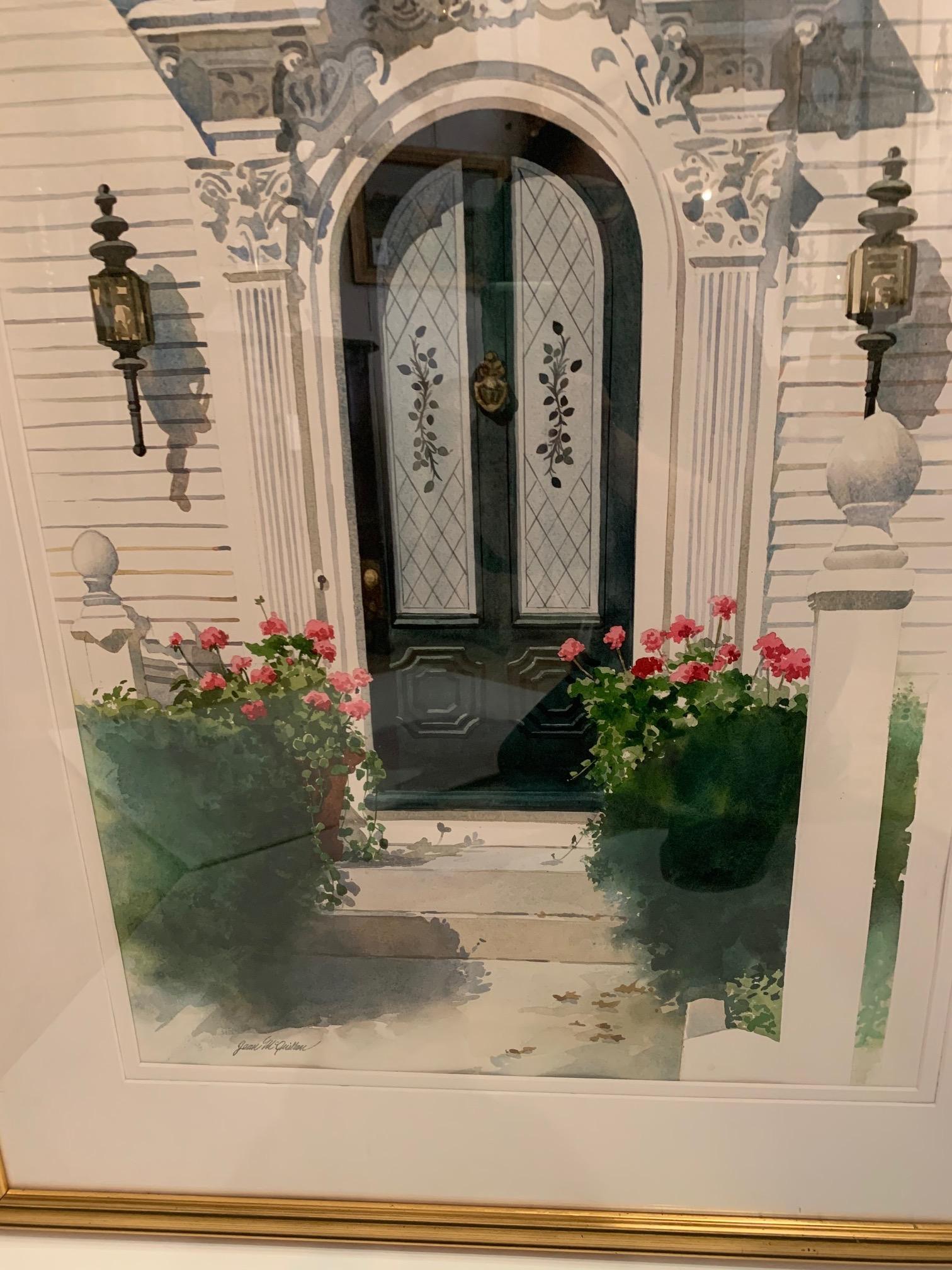 A charming Vermont or Nantuckety doorway rendered beautifully in watercolor by artist Jean McQuillan.
Signed and nicely framed.