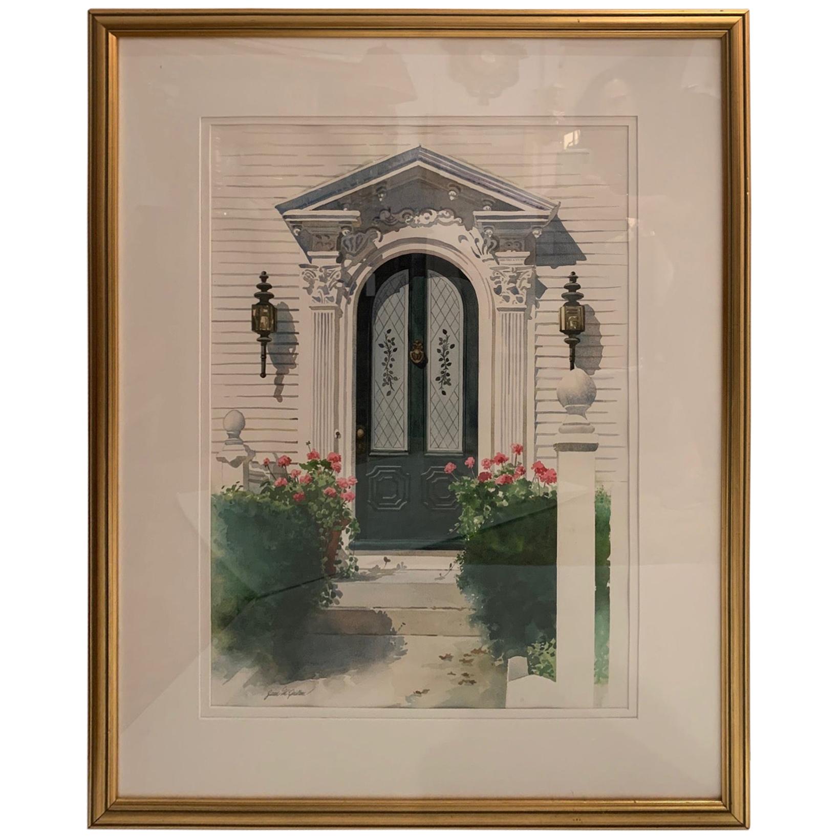 Jolie aquarelle originale encadrée d'une porte de Nantucket