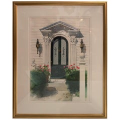 Jolie aquarelle originale encadrée d'une porte de Nantucket