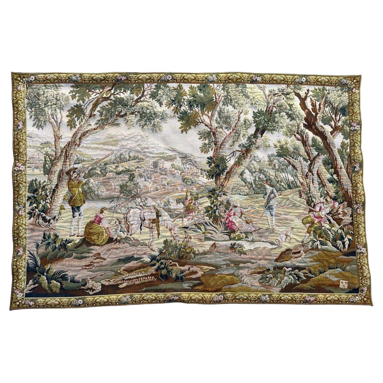 Pretty French Aubusson style Halluin Jacquard Tapestry “ hunters' rest stop”