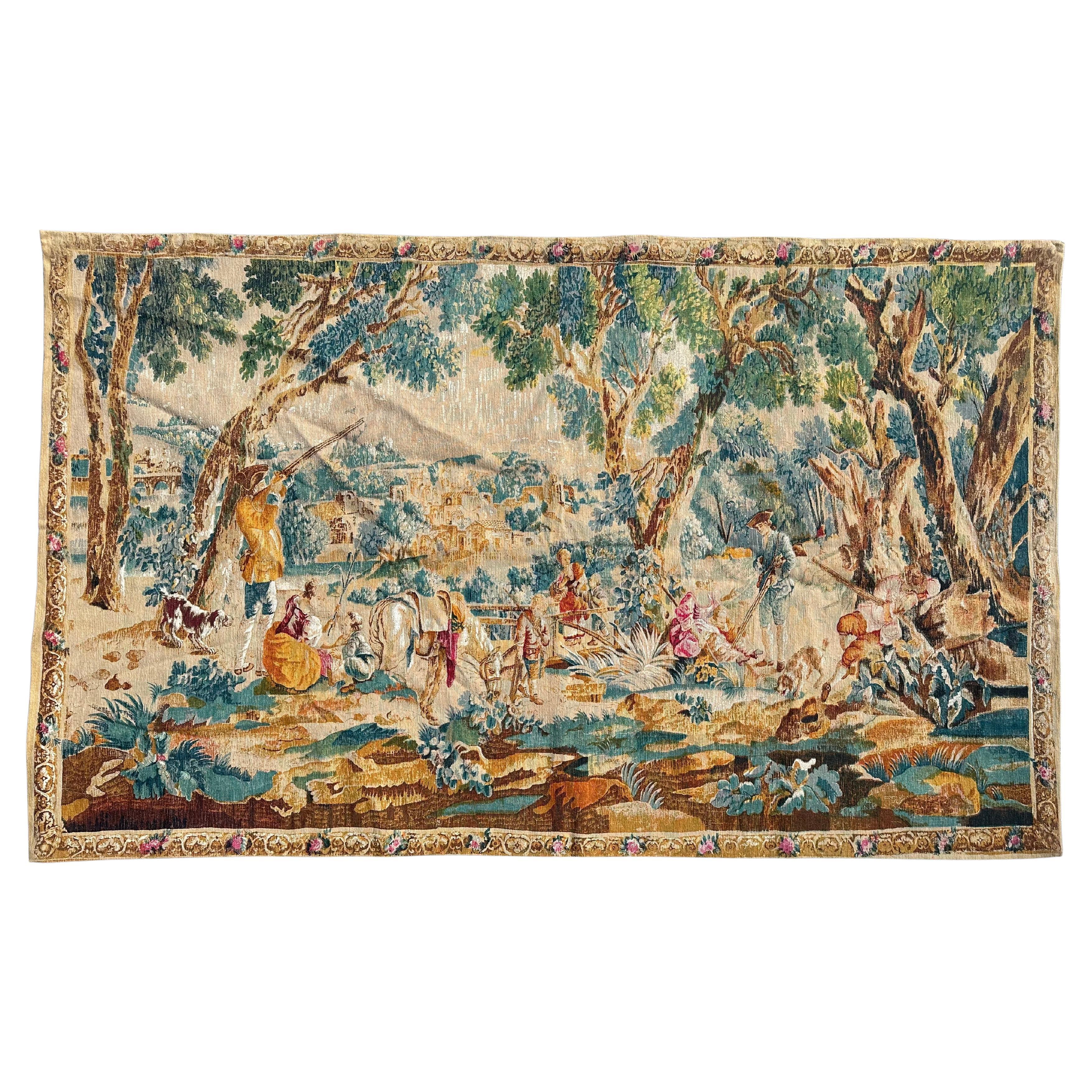 Hübscher französischer Wandteppich im Aubusson-Stil mit Handsiebdruck " Rastplatz der Jäger " im Angebot